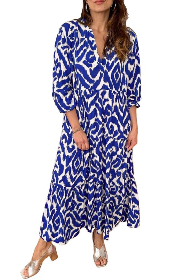 Women Blue Abstract Print V Neck Tiered Maxi Dress | Maxi Dresses - Image 3