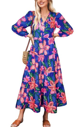 Women Blue Bohemian Floral Print Three Quarter Sleeve Tiered Maxi Dress | Maxi Dresses