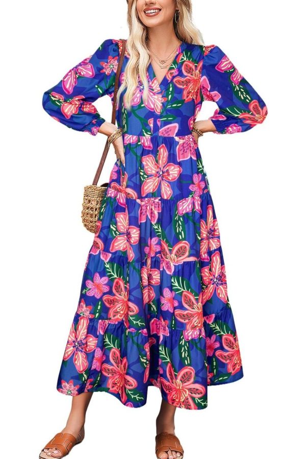 Women Blue Bohemian Floral Print Three Quarter Sleeve Tiered Maxi Dress | Maxi Dresses