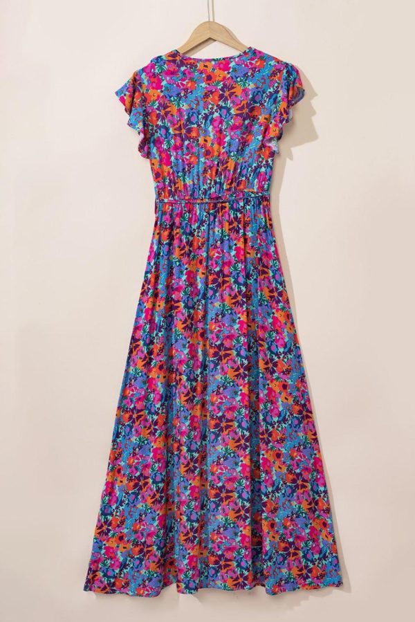 Women Blue Boho Floral Print V Neck Wrap Split Maxi Dress | Maxi Dresses