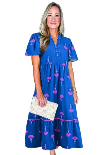 Women Blue Floral Print Notched Neck Flounce Sleeve Maxi Dress | Maxi Dresses