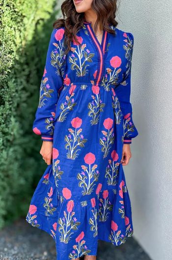 Women Blue Floral Print Pop Of Color Neckline Long Sleeve Midi Dress | Midi Dresses