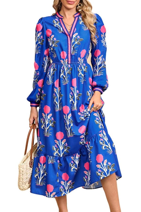 Women Blue Floral Print Pop Of Color Neckline Long Sleeve Midi Dress | Midi Dresses - Image 2