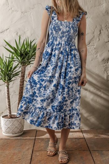 Women Blue Floral Print Ruffle Strap Square Neck Smocked Bodice Midi Dress | Midi Dresses
