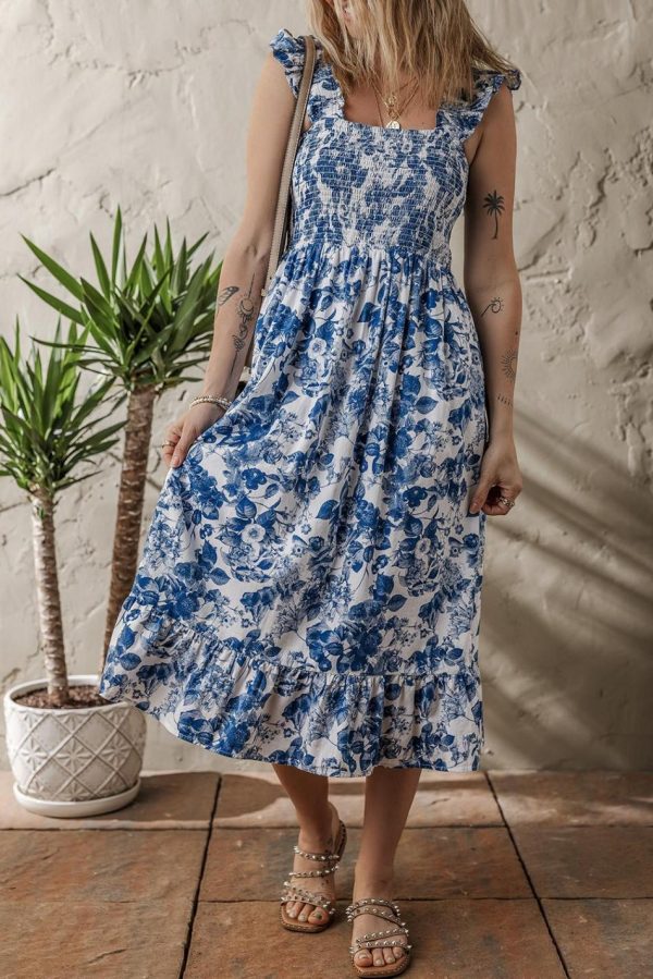 Women Blue Floral Print Ruffle Strap Square Neck Smocked Bodice Midi Dress | Midi Dresses