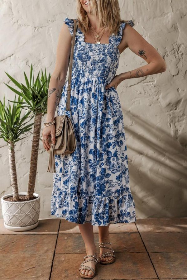 Women Blue Floral Print Ruffle Strap Square Neck Smocked Bodice Midi Dress | Midi Dresses - Image 2