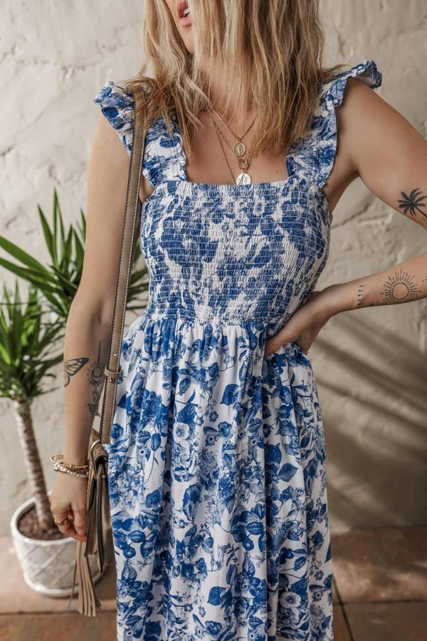 Women Blue Floral Print Ruffle Strap Square Neck Smocked Bodice Midi Dress | Midi Dresses - Image 3
