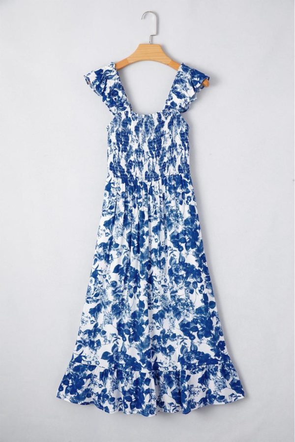 Women Blue Floral Print Ruffle Strap Square Neck Smocked Bodice Midi Dress | Midi Dresses - Image 4