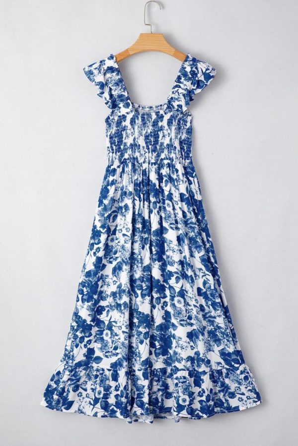 Women Blue Floral Print Ruffle Strap Square Neck Smocked Bodice Midi Dress | Midi Dresses - Image 5