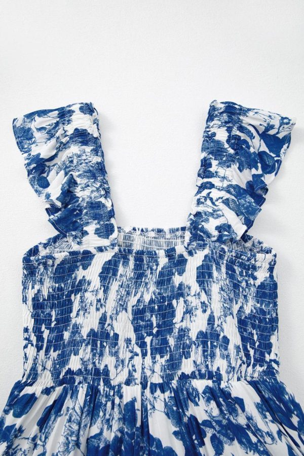 Women Blue Floral Print Ruffle Strap Square Neck Smocked Bodice Midi Dress | Midi Dresses - Image 7