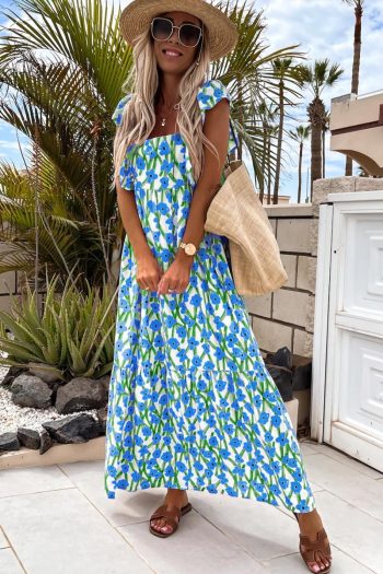 Women Blue Floral Print Square Neck Ruffled Strap Maxi Dress | Maxi Dresses