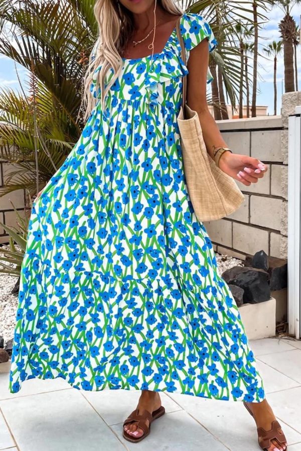 Women Blue Floral Print Square Neck Ruffled Strap Maxi Dress | Maxi Dresses - Image 2