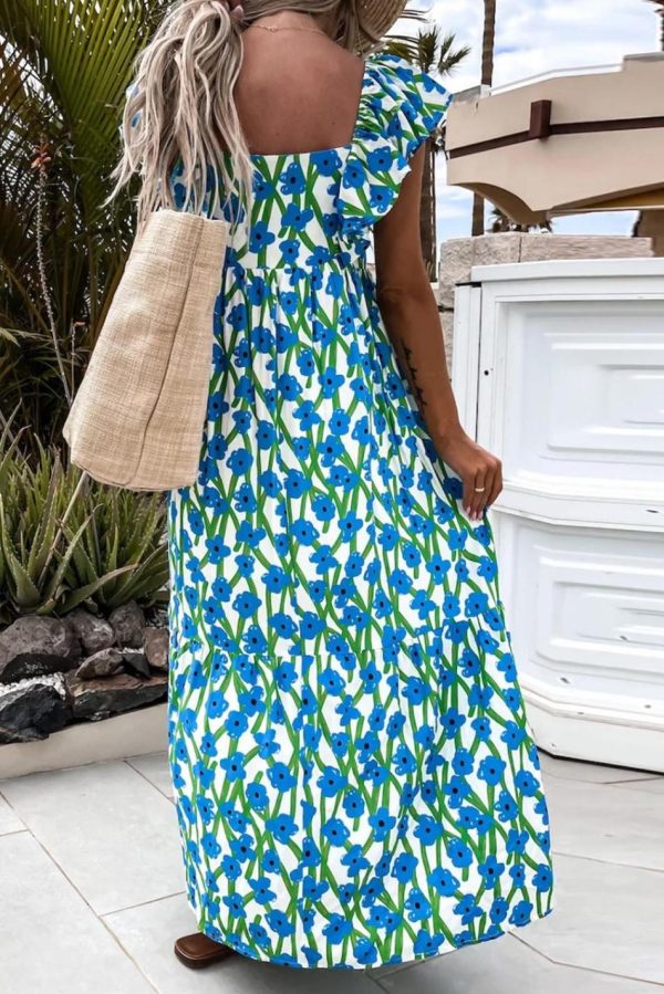 Women Blue Floral Print Square Neck Ruffled Strap Maxi Dress | Maxi Dresses - Image 3