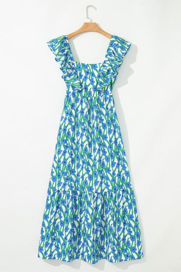 Women Blue Floral Print Square Neck Ruffled Strap Maxi Dress | Maxi Dresses - Image 4