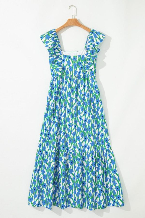 Women Blue Floral Print Square Neck Ruffled Strap Maxi Dress | Maxi Dresses - Image 5
