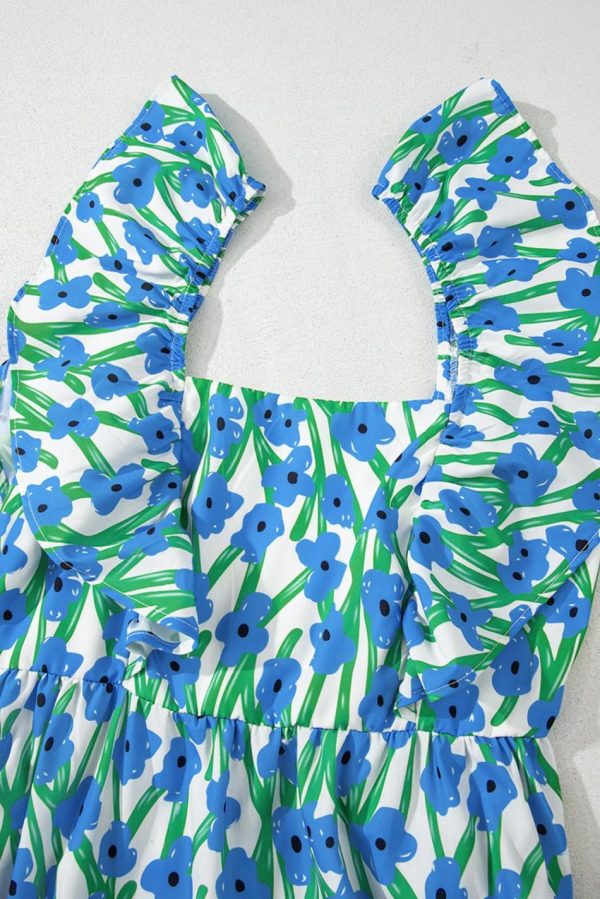 Women Blue Floral Print Square Neck Ruffled Strap Maxi Dress | Maxi Dresses - Image 6