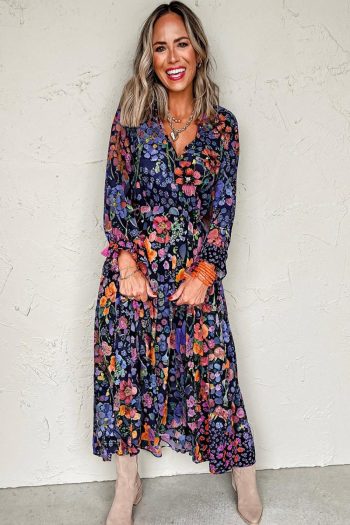 Women Blue Floral Print Tassel Tie V Neck Long Sleeve Flowy Maxi Dress | Maxi Dresses