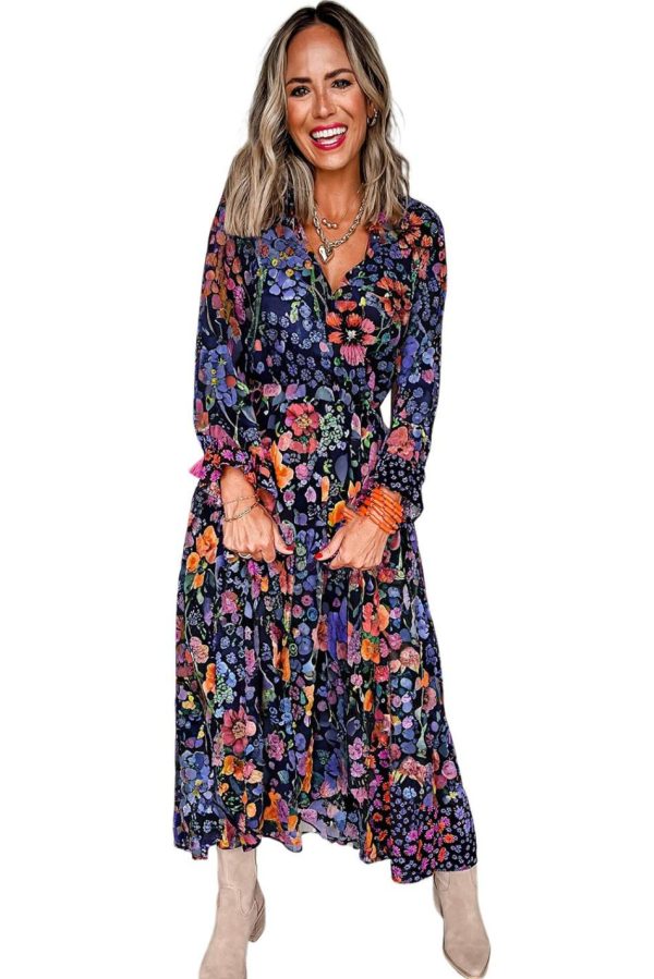 Women Blue Floral Print Tassel Tie V Neck Long Sleeve Flowy Maxi Dress | Maxi Dresses - Image 3
