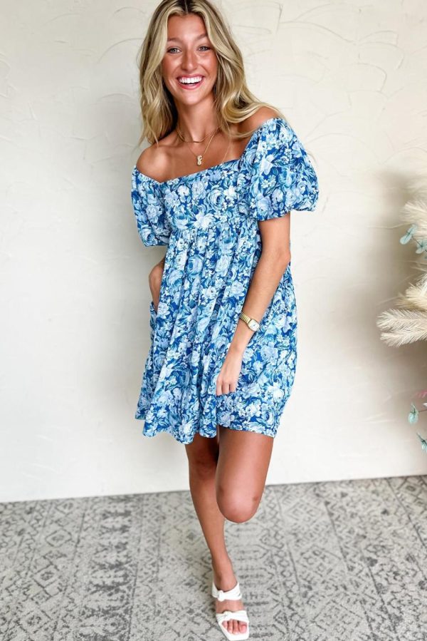 Women Blue Floral Puff Sleeve Babydoll Mini Dress | Short Dresses