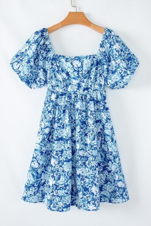 Women Blue Floral Puff Sleeve Babydoll Mini Dress | Short Dresses - Image 2