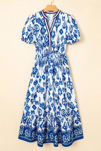 Women Blue Floral Ruffle Hem Pop Of Color Neckline Dress | Midi Dresses