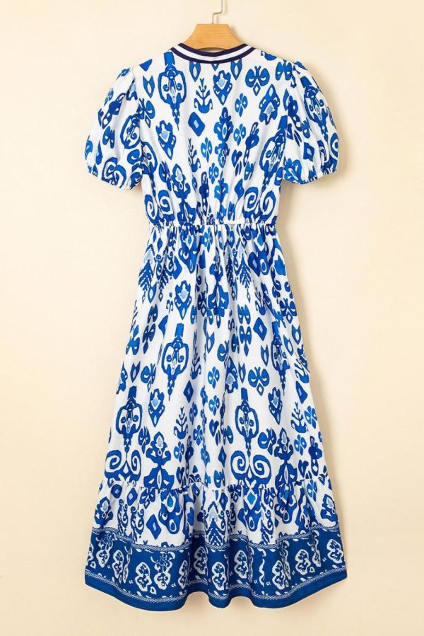 Women Blue Floral Ruffle Hem Pop Of Color Neckline Dress | Midi Dresses - Image 2