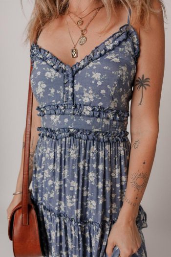 Women Blue Floral Spaghetti Strap Frill V Neck Tiered Midi Dress | Midi Dresses