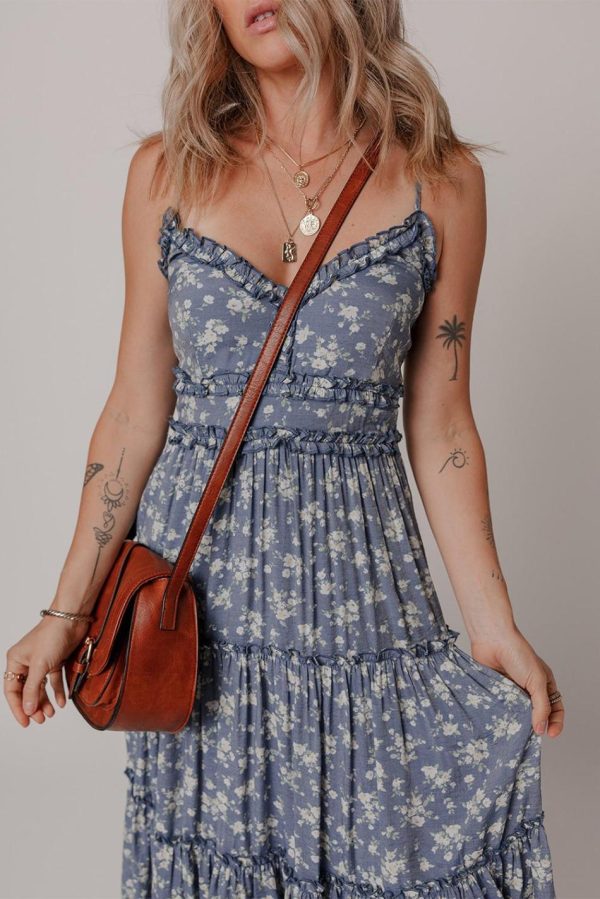 Women Blue Floral Spaghetti Strap Frill V Neck Tiered Midi Dress | Midi Dresses - Image 3