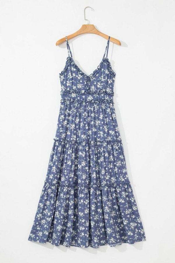 Women Blue Floral Spaghetti Strap Frill V Neck Tiered Midi Dress | Midi Dresses - Image 5