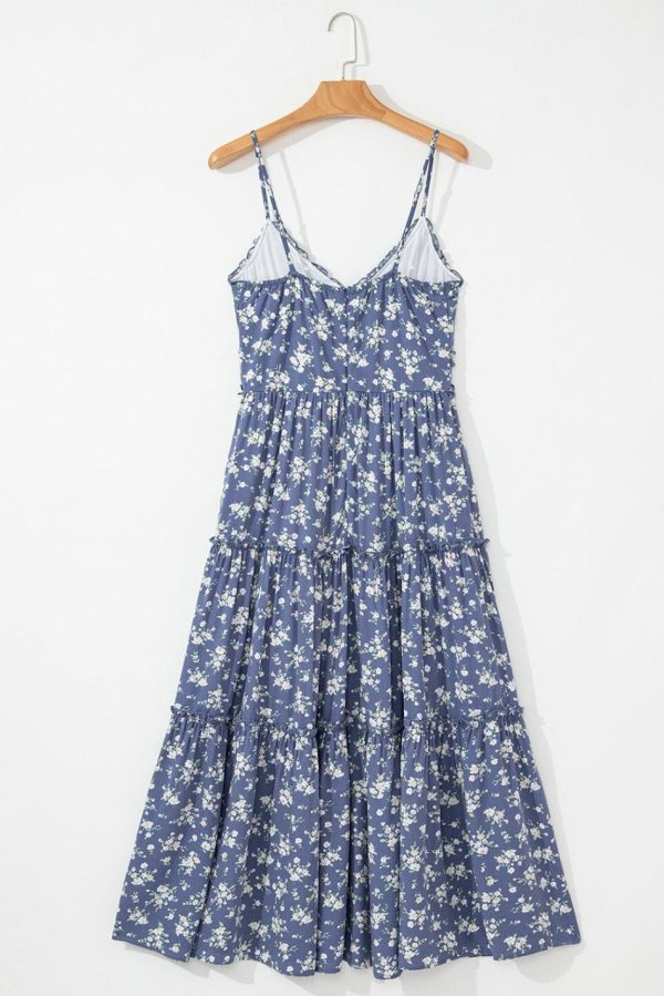 Women Blue Floral Spaghetti Strap Frill V Neck Tiered Midi Dress | Midi Dresses - Image 6