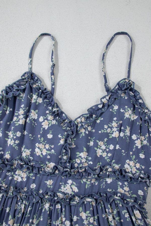 Women Blue Floral Spaghetti Strap Frill V Neck Tiered Midi Dress | Midi Dresses - Image 7