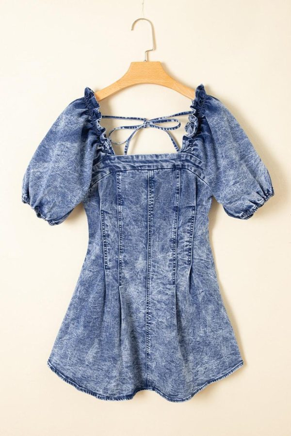 Women Blue Frill Square Neck Puff Sleeve Backless Denim Dress | Short Dresses - Image 3