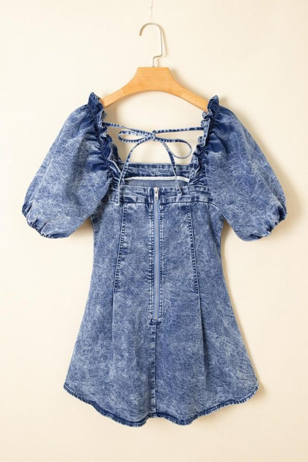Women Blue Frill Square Neck Puff Sleeve Backless Denim Dress | Short Dresses - Image 4