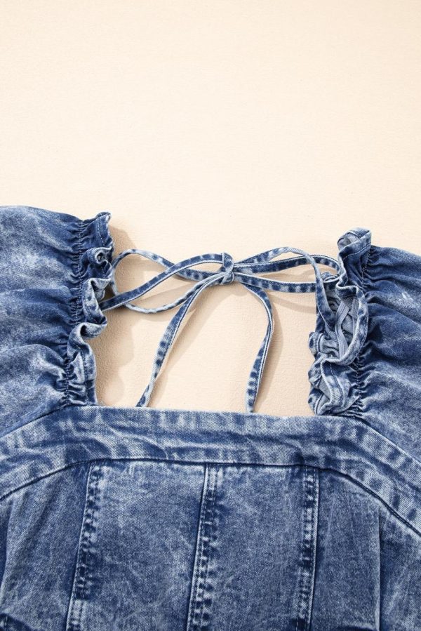 Women Blue Frill Square Neck Puff Sleeve Backless Denim Dress | Short Dresses - Image 5