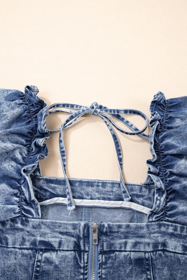 Women Blue Frill Square Neck Puff Sleeve Backless Denim Dress | Short Dresses - Image 7