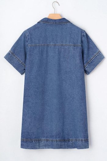 Women Blue Short Sleeve Collared Chest Pocket Denim Mini Dress | Short Dresses
