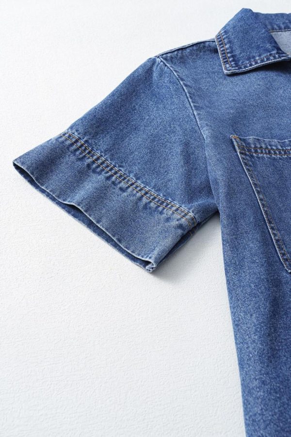 Women Blue Short Sleeve Collared Chest Pocket Denim Mini Dress | Short Dresses - Image 4