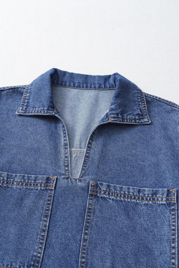 Women Blue Short Sleeve Collared Chest Pocket Denim Mini Dress | Short Dresses - Image 6