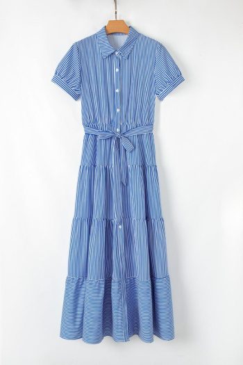 Women Blue Striped Button Front Belted Shirt Collar Maxi Dress | Maxi Dresses