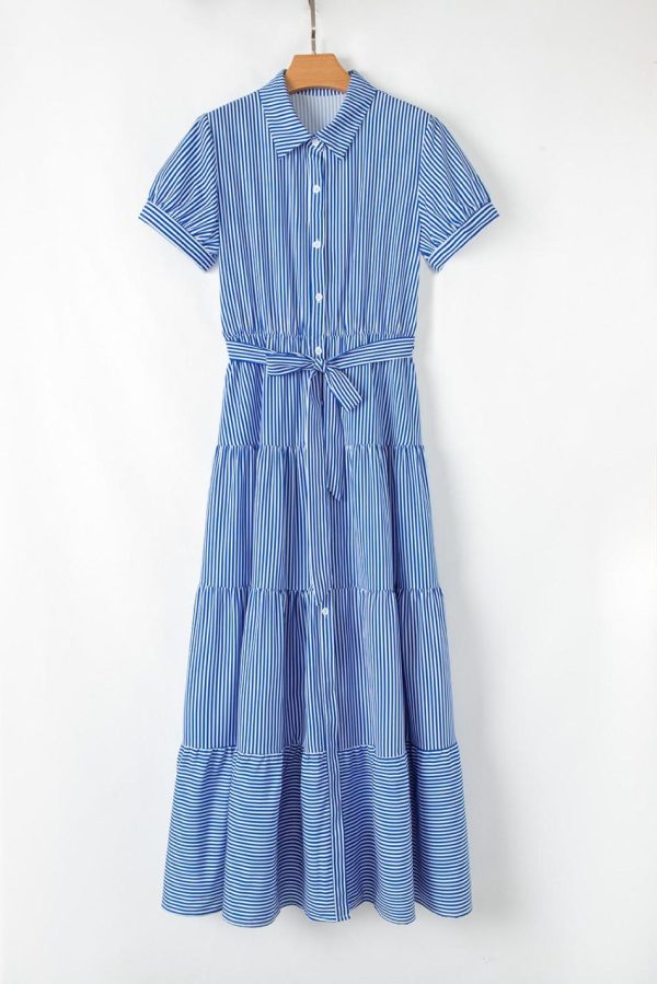 Women Blue Striped Button Front Belted Shirt Collar Maxi Dress | Maxi Dresses