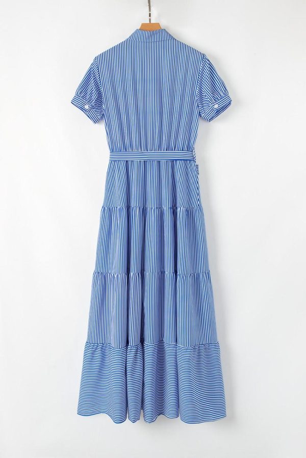 Women Blue Striped Button Front Belted Shirt Collar Maxi Dress | Maxi Dresses - Image 2