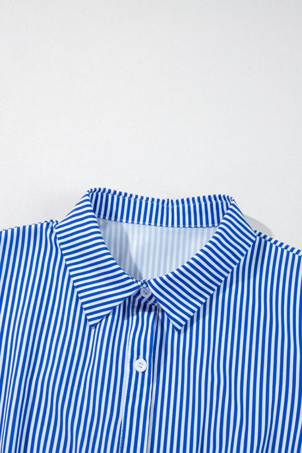 Women Blue Striped Button Front Belted Shirt Collar Maxi Dress | Maxi Dresses - Image 3