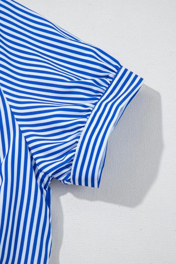 Women Blue Striped Button Front Belted Shirt Collar Maxi Dress | Maxi Dresses - Image 4