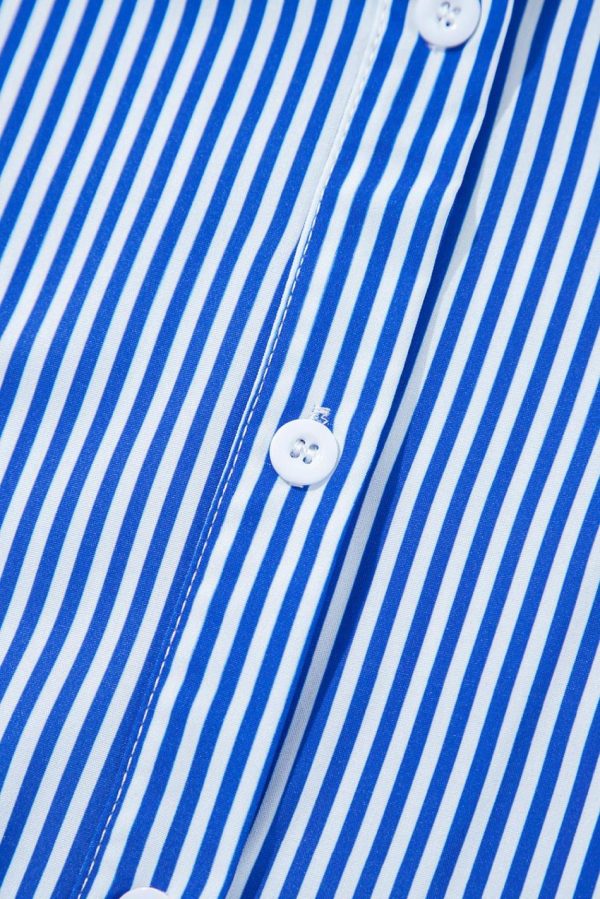 Women Blue Striped Button Front Belted Shirt Collar Maxi Dress | Maxi Dresses - Image 5