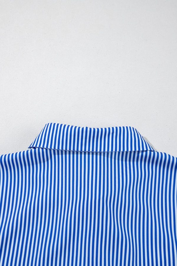 Women Blue Striped Button Front Belted Shirt Collar Maxi Dress | Maxi Dresses - Image 6