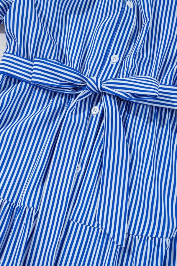 Women Blue Striped Button Front Belted Shirt Collar Maxi Dress | Maxi Dresses - Image 7