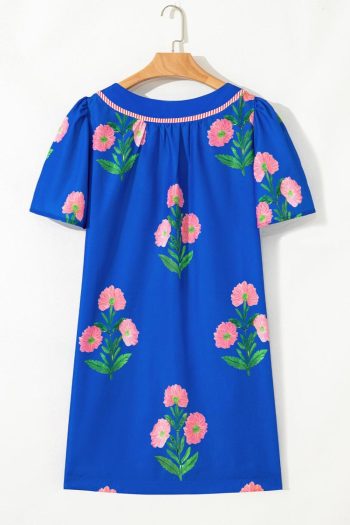 Women Blue Striped Trim Short Sleeve Split Neck Floral Mini Dress | Short Dresses