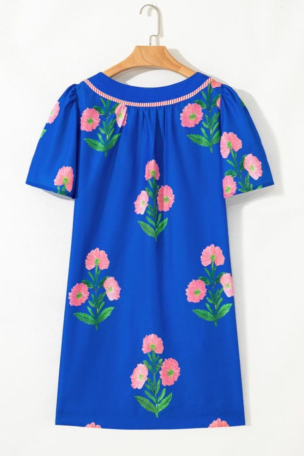Women Blue Striped Trim Short Sleeve Split Neck Floral Mini Dress | Short Dresses