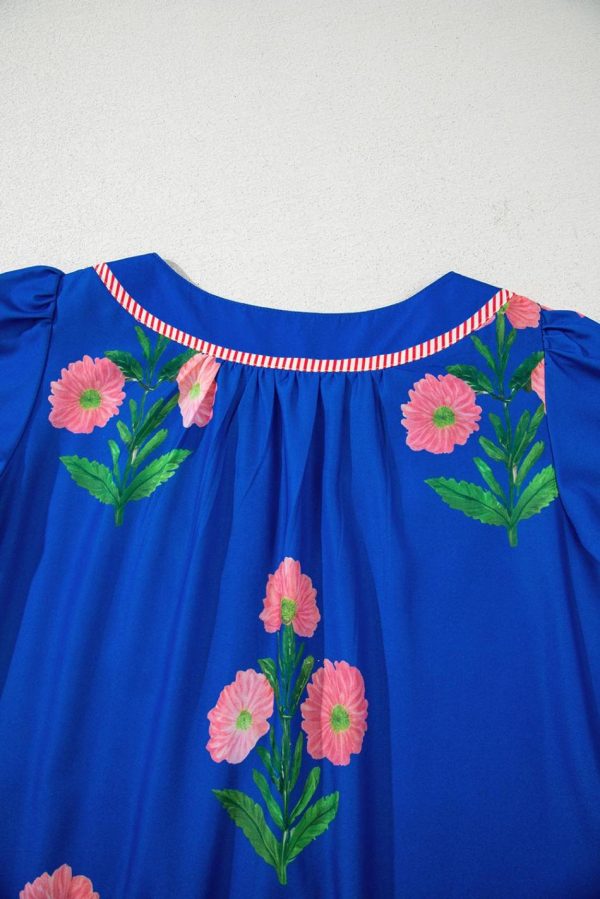 Women Blue Striped Trim Short Sleeve Split Neck Floral Mini Dress | Short Dresses - Image 3