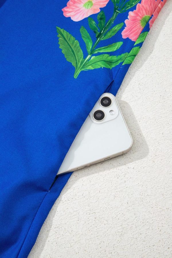 Women Blue Striped Trim Short Sleeve Split Neck Floral Mini Dress | Short Dresses - Image 4
